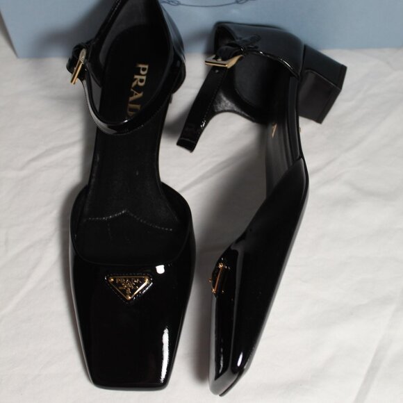 NWB PRADA Modellerie Black Ankle Strap Kitten Heel d'Orsay Pumps Logo - Picture 5 of 7